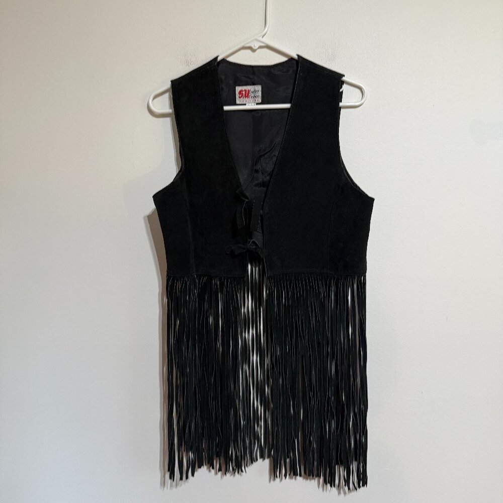 Vintage Suede Leather Vest with Long Fringe, Medium